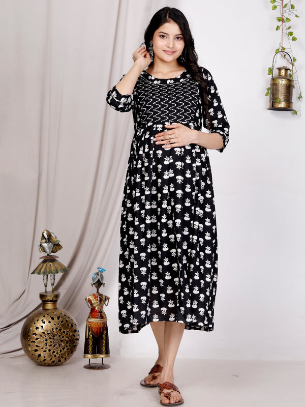 Women's Floral & Zigzag Anarkali Maternity Feeding Dress