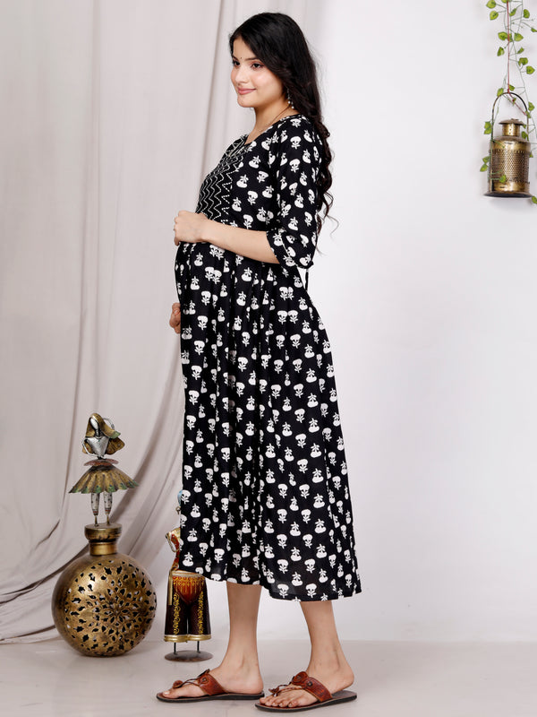 Women's Floral & Zigzag Anarkali Maternity Feeding Dress