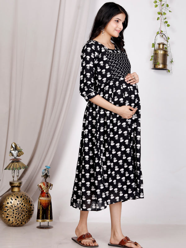 Women's Floral & Zigzag Anarkali Maternity Feeding Dress