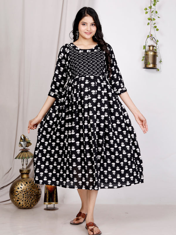 Women's Floral & Zigzag Anarkali Maternity Feeding Dress