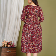 Women's Red Cotton Floral Maternity Feeding Dress with Zipper