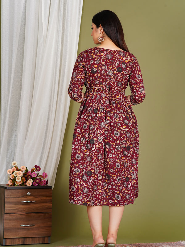 Women's Red Cotton Floral Maternity Feeding Dress with Zipper