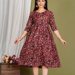 Women's Red Cotton Floral Maternity Feeding Dress with Zipper
