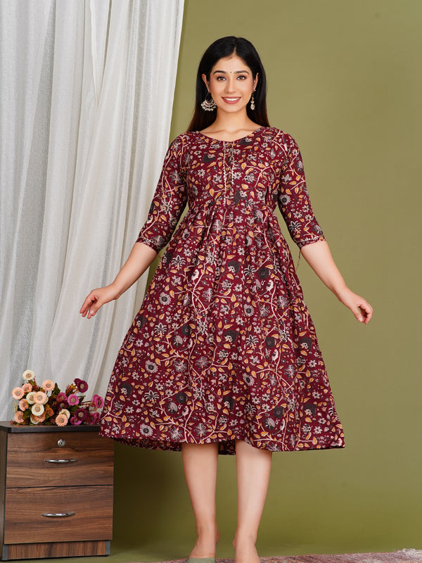 Women's Red Cotton Floral Maternity Feeding Dress with Zipper