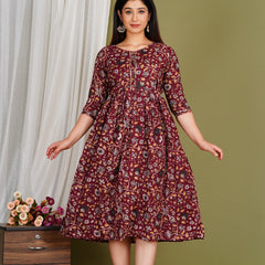 Women's Red Cotton Floral Maternity Feeding Dress with Zipper