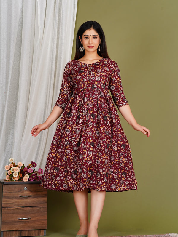 Women's Red Cotton Floral Maternity Feeding Dress with Zipper