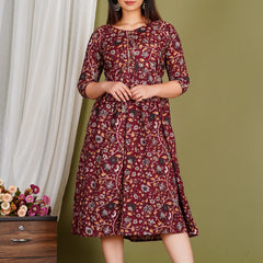 Women's Red Cotton Floral Maternity Feeding Dress with Zipper
