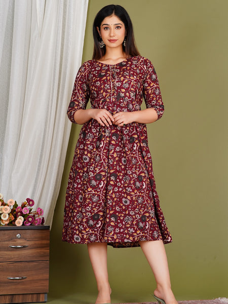 Women's Red Cotton Floral Maternity Feeding Dress with Zipper