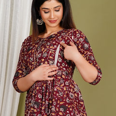 Women's Red Cotton Floral Maternity Feeding Dress with Zipper
