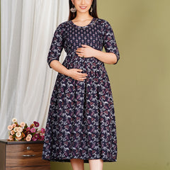 Women's Cotton Floral Maternity Feeding Dress with Zipper