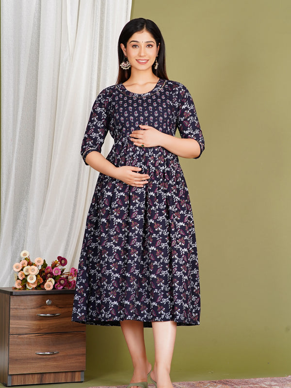 Women's Cotton Floral Maternity Feeding Dress with Zipper