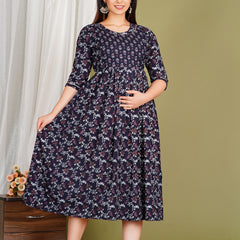 Women's Cotton Floral Maternity Feeding Dress with Zipper