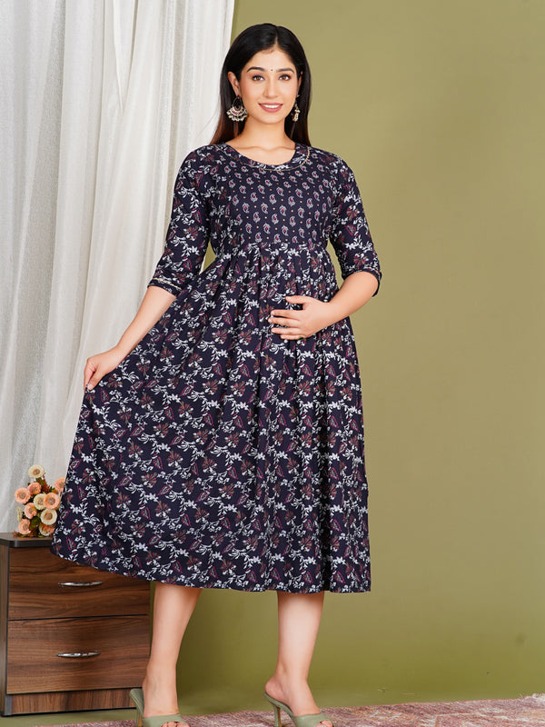 Women's Cotton Floral Maternity Feeding Dress with Zipper