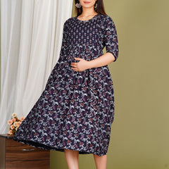 Women's Cotton Floral Maternity Feeding Dress with Zipper