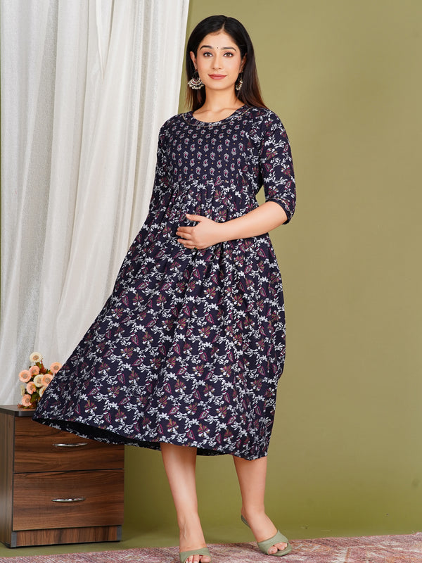 Women's Cotton Floral Maternity Feeding Dress with Zipper