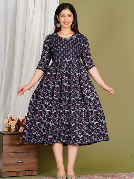 Women's Cotton Floral Maternity Feeding Dress with Zipper