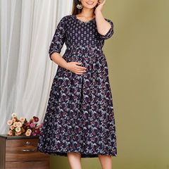 Women's Cotton Floral Maternity Feeding Dress with Zipper