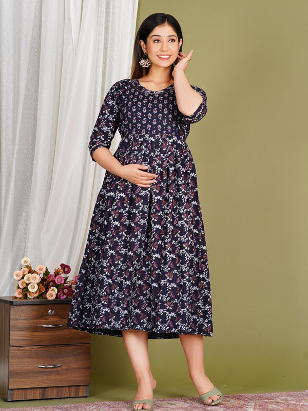 Women's Cotton Floral Maternity Feeding Dress with Zipper