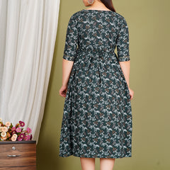 Women's Cotton Green Gold Floral Maternity Feeding Dress with Zipper