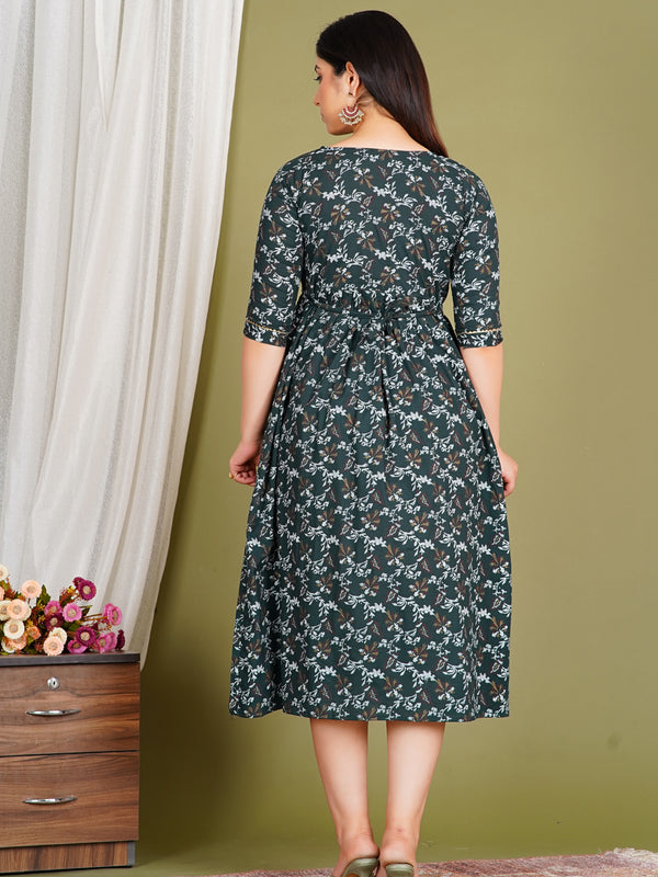 Women's Cotton Green Gold Floral Maternity Feeding Dress with Zipper