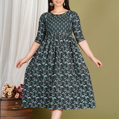 Women's Cotton Green Gold Floral Maternity Feeding Dress with Zipper