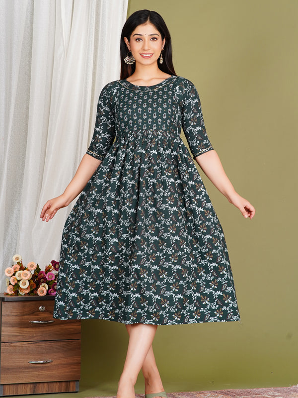 Women's Cotton Green Gold Floral Maternity Feeding Dress with Zipper