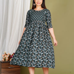 Women's Cotton Green Gold Floral Maternity Feeding Dress with Zipper