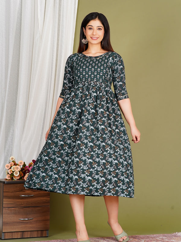 Women's Cotton Green Gold Floral Maternity Feeding Dress with Zipper
