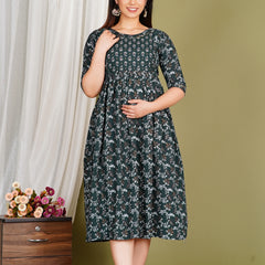 Women's Cotton Green Gold Floral Maternity Feeding Dress with Zipper