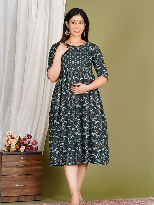 Women's Cotton Green Gold Floral Maternity Feeding Dress with Zipper