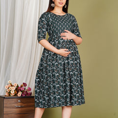 Women's Cotton Green Gold Floral Maternity Feeding Dress with Zipper