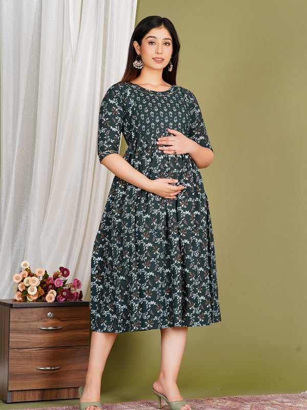 Women's Cotton Green Gold Floral Maternity Feeding Dress with Zipper