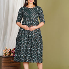 Women's Cotton Green Gold Floral Maternity Feeding Dress with Zipper