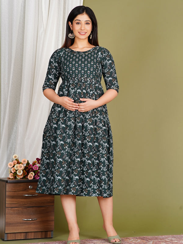 Women's Cotton Green Gold Floral Maternity Feeding Dress with Zipper