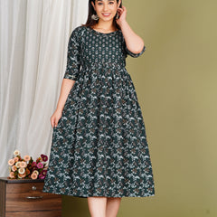 Women's Cotton Green Gold Floral Maternity Feeding Dress with Zipper