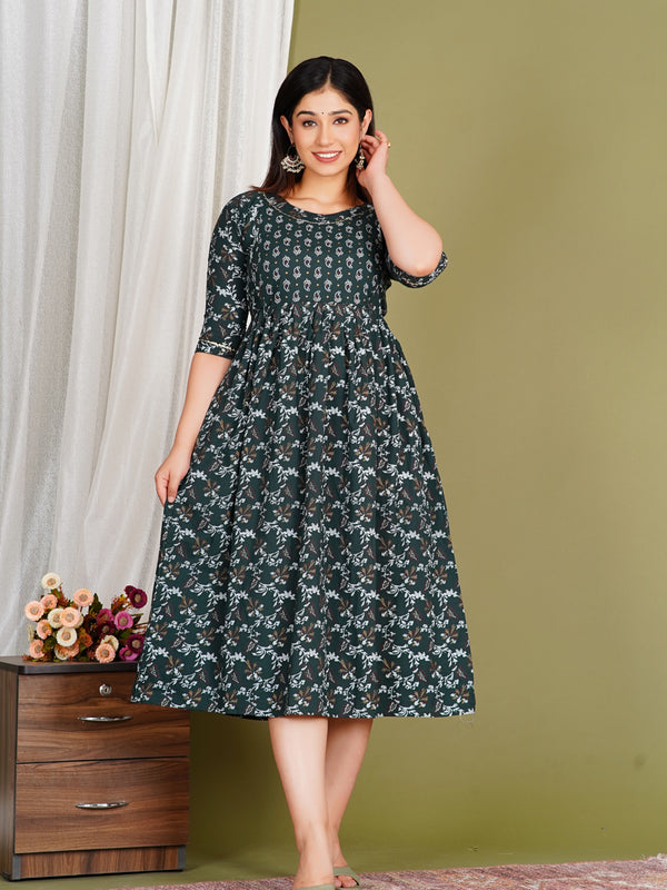 Women's Cotton Green Gold Floral Maternity Feeding Dress with Zipper