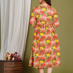 Women's Cotton Orange Floral Maternity Feeding Dress with Zipper