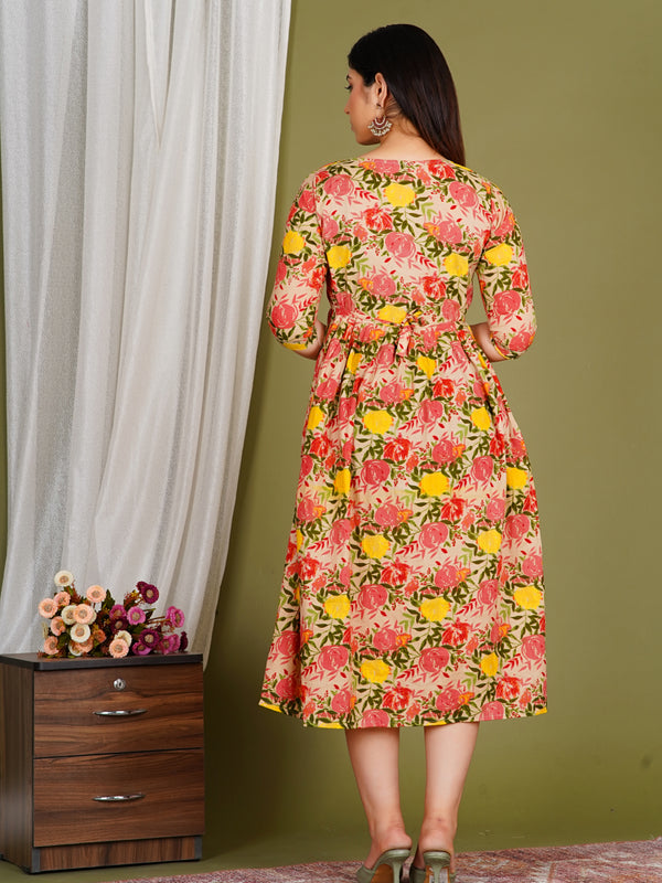 Women's Cotton Orange Floral Maternity Feeding Dress with Zipper