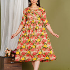 Women's Cotton Orange Floral Maternity Feeding Dress with Zipper