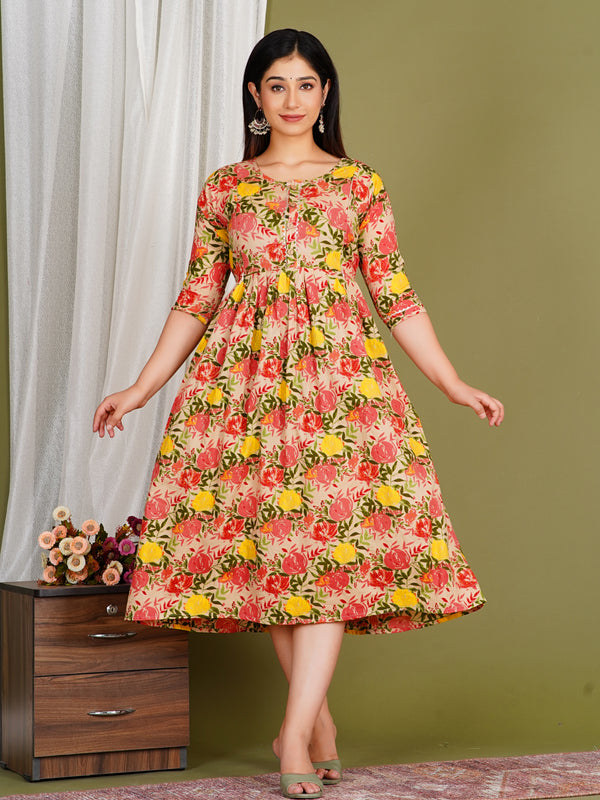 Women's Cotton Orange Floral Maternity Feeding Dress with Zipper