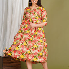 Women's Cotton Orange Floral Maternity Feeding Dress with Zipper