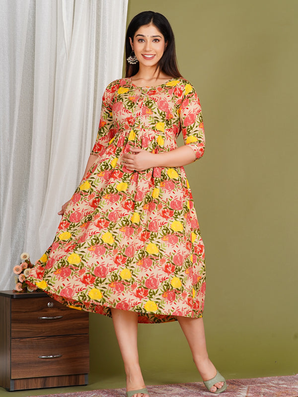 Women's Cotton Orange Floral Maternity Feeding Dress with Zipper
