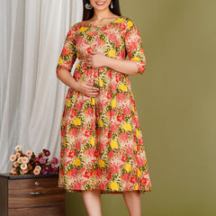 Women's Cotton Orange Floral Maternity Feeding Dress with Zipper