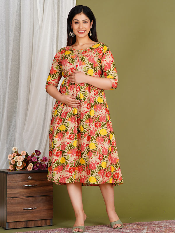 Women's Cotton Orange Floral Maternity Feeding Dress with Zipper