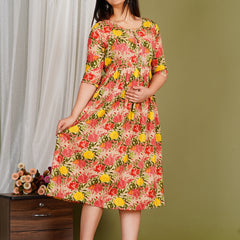 Women's Cotton Orange Floral Maternity Feeding Dress with Zipper