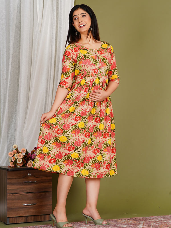 Women's Cotton Orange Floral Maternity Feeding Dress with Zipper