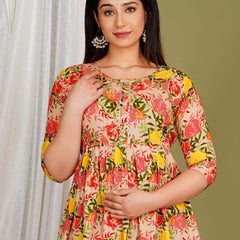 Women's Cotton Orange Floral Maternity Feeding Dress with Zipper