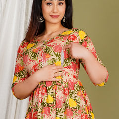 Women's Cotton Orange Floral Maternity Feeding Dress with Zipper