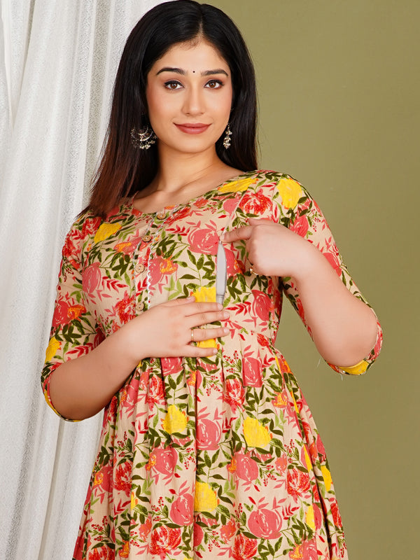 Women's Cotton Orange Floral Maternity Feeding Dress with Zipper