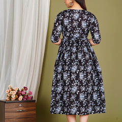 Women's Cotton Neck Black Floral Maternity Feeding Dress with Zipper